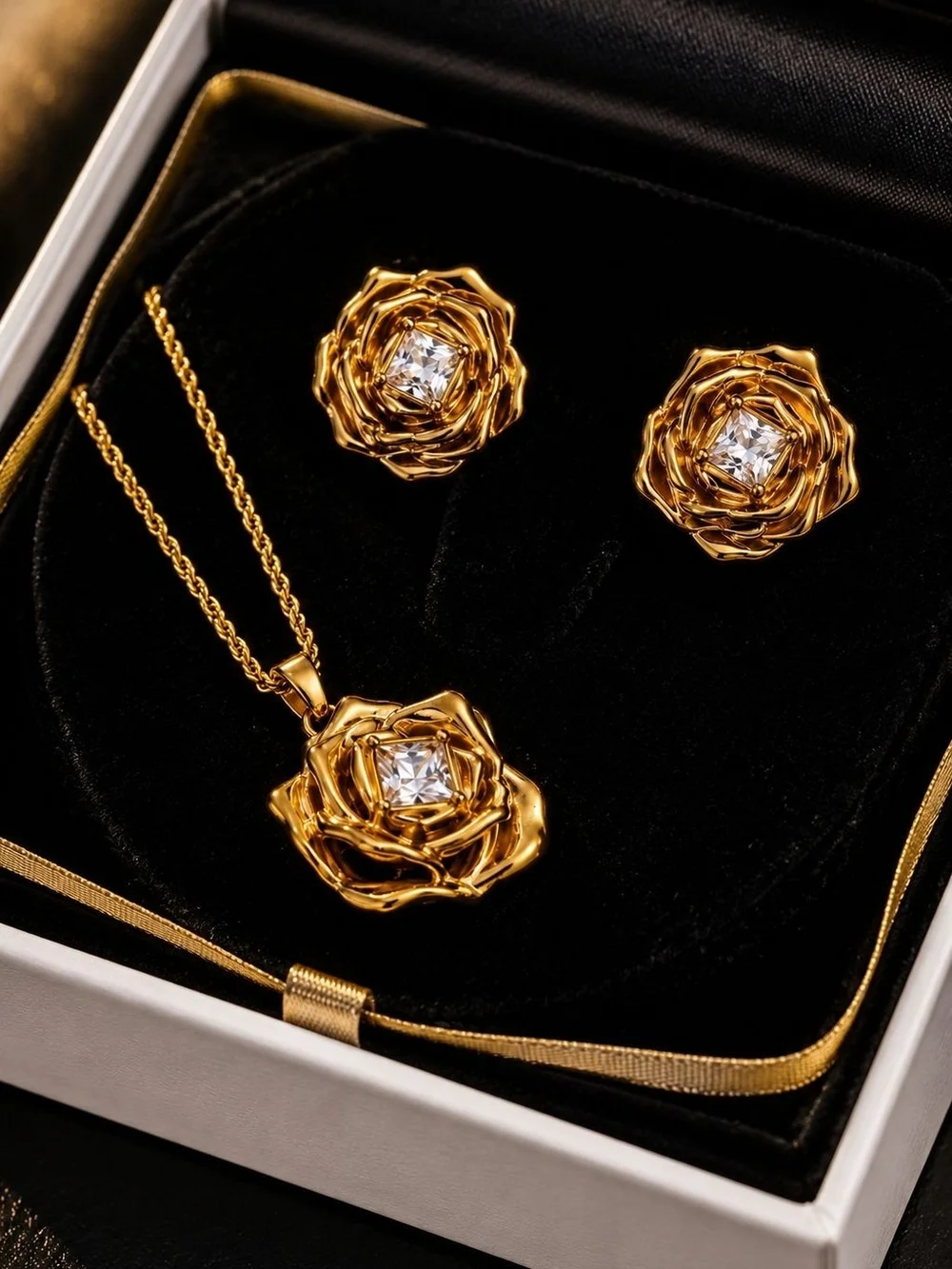 Gold Floral Pendant Necklace with Crystal Center
